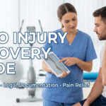 Physical therapist consulting with a patient about auto injury recovery in a modern clinic. Text overlay reads: Auto Injury Recovery Guide.