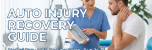 Physical therapist consulting with a patient about auto injury recovery in a modern clinic. Text overlay reads: Auto Injury Recovery Guide.
