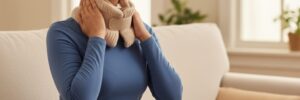 Woman trying to manage neck pain at home after car accident