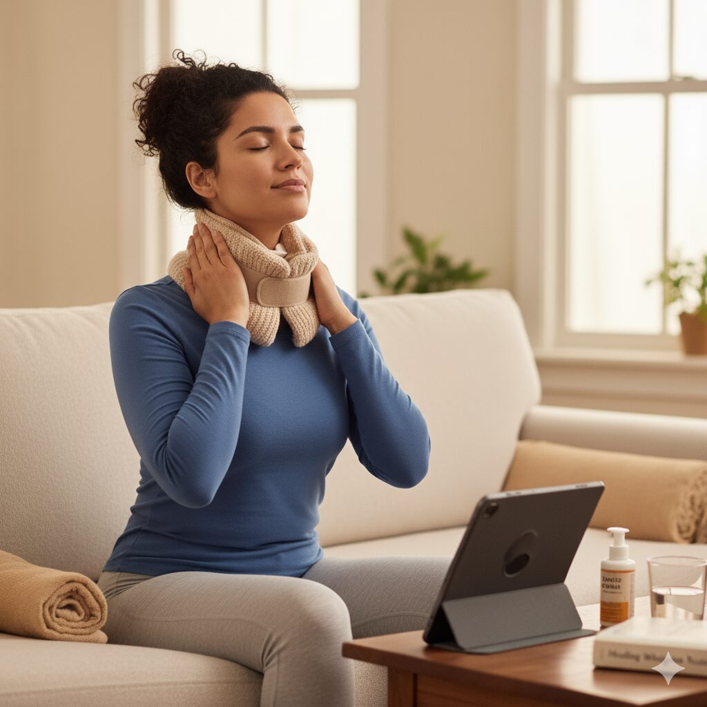 Woman trying to manage neck pain at home after car accident