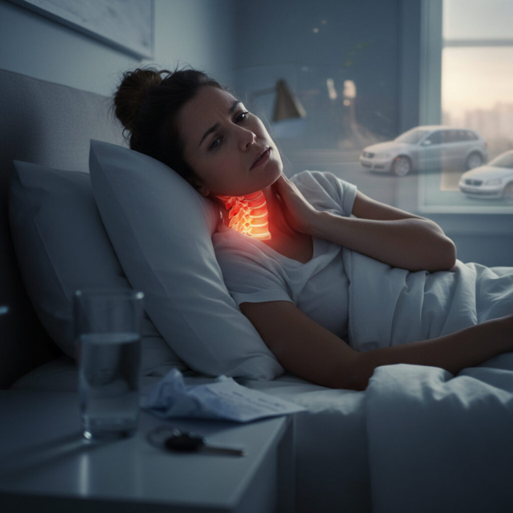 A woman lying in bed, holding her neck, with a red, glowing overlay highlighting pain in her cervical spine, illustrating delayed pain symptoms. Through the window in the background, two cars are visible, referencing the car accident context.