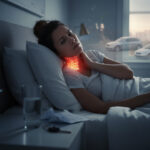 A woman lying in bed, holding her neck, with a red, glowing overlay highlighting pain in her cervical spine, illustrating delayed pain symptoms. Through the window in the background, two cars are visible, referencing the car accident context.