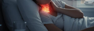 A woman lying in bed, holding her neck, with a red, glowing overlay highlighting pain in her cervical spine, illustrating delayed pain symptoms. Through the window in the background, two cars are visible, referencing the car accident context.