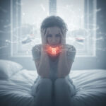 A woman suffering from dizziness and brain fog after a car accident, with a glowing red image of a neck injury (cervical spine) indicating pain.