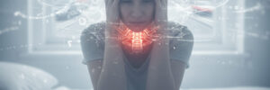 A woman suffering from dizziness and brain fog after a car accident, with a glowing red image of a neck injury (cervical spine) indicating pain.