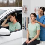 Woman experiencing whiplash headache after car accident, receiving physical therapy for neck pain recovery.