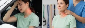 Woman experiencing whiplash headache after car accident, receiving physical therapy for neck pain recovery.