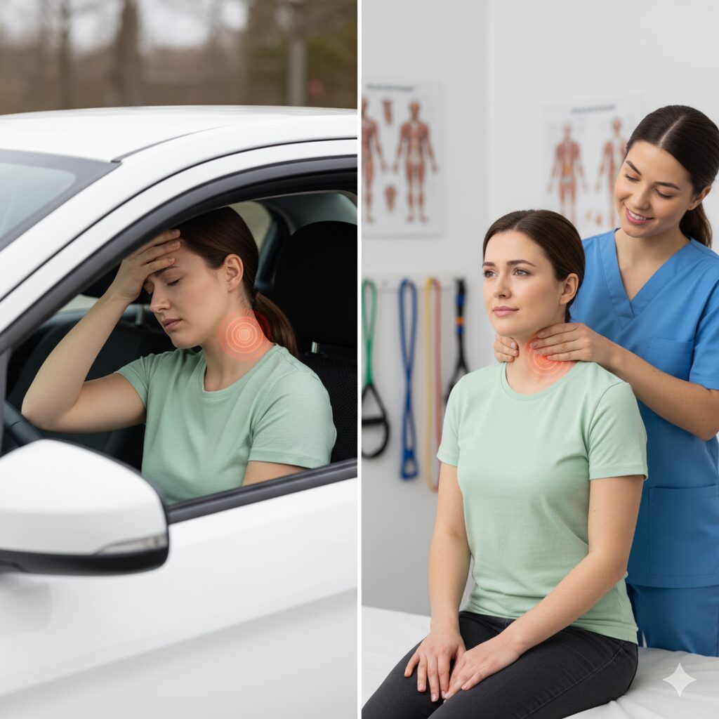 Woman experiencing whiplash headache after car accident, receiving physical therapy for neck pain recovery.