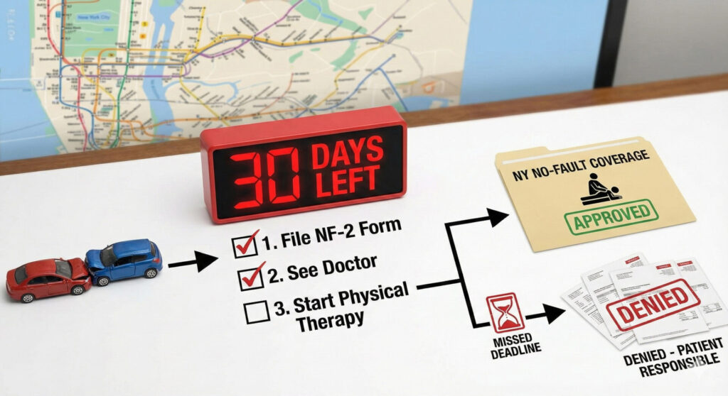 Infographic showing a car accident, a 30-day deadline clock, a checklist to file a NY No-Fault Coverage form and see a doctor, and two possible outcomes: a folder marked "APPROVED" or a pile of papers marked "DENIED" after a missed deadline.