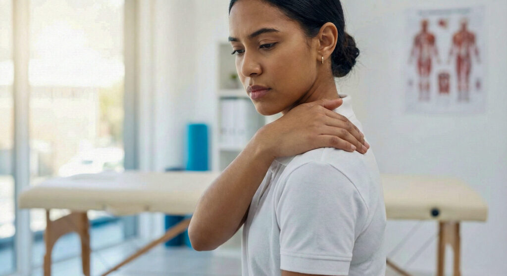 A woman experiencing shoulder and upper back pain in a physical therapy clinic setting.