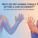 An infographic split into two panels. On the left, a transparent anatomical drawing of a human head and torso shows a glowing red pinched nerve in the neck (cervical spine) with a blue nerve pathway radiating down the arm to a hand. On the right, a cartoon illustration of a man with a pained expression holds his hand, which has numerous sewing pins and needles sticking out of it, surrounded by small electrical current lines. Large text at the top reads, "WHY DO MY HANDS TINGLE AFTER A CAR ACCIDENT? (It's Not Just Your Hand. It's Your Neck.)