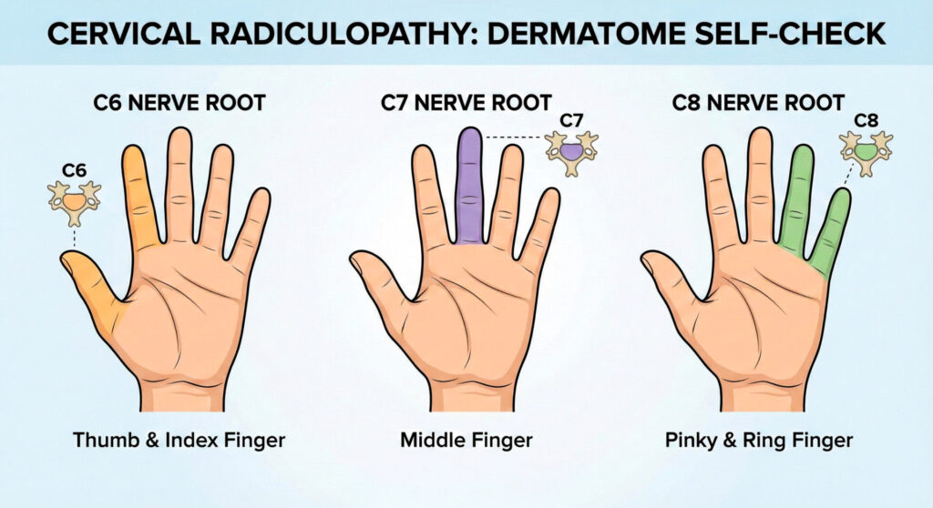 A medical infographic chart titled "CERVICAL RADICULOPATHY: DERMATOME SELF-CHECK". It displays three hand illustrations side-by-side. The left hand, labeled "C6 NERVE ROOT," has the thumb and index finger highlighted in orange, connected to a C6 vertebra icon. The middle hand, labeled "C7 NERVE ROOT," has the middle finger highlighted in purple, connected to a C7 vertebra icon. The right hand, labeled "C8 NERVE ROOT," has the pinky and ring fingers highlighted in green, connected to a C8 vertebra icon.