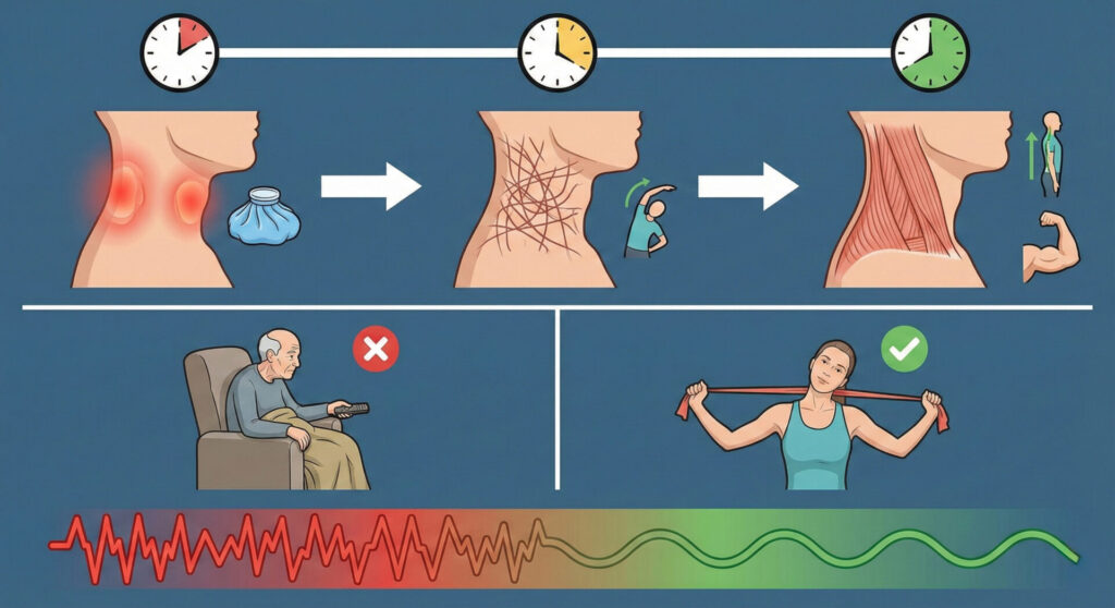 Infographic illustrating the three biological stages of whiplash healing over time, comparing passive "rest and wait" (marked with a red X) versus active physical therapy recovery (marked with a green check), and a visual pain-to-recovery scale.