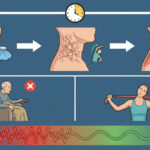 Infographic illustrating the three biological stages of whiplash healing over time, comparing passive "rest and wait" (marked with a red X) versus active physical therapy recovery (marked with a green check), and a visual pain-to-recovery scale.