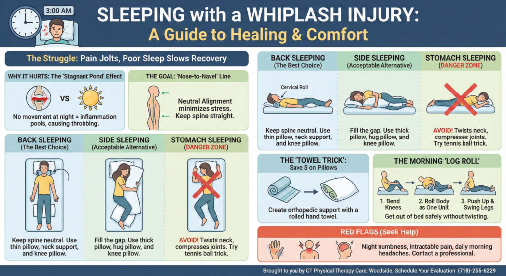 An educational infographic by CT Physical Therapy Care titled "Sleeping with a Whiplash Injury." The graphic illustrates the "Stagnant Pond" effect of inflammation at night and defines "Nose-to-Navel" alignment. It visually compares three sleeping positions: Back Sleeping (labeled "The Best Choice" with a cervical roll), Side Sleeping (labeled "Acceptable" with a pillow between knees), and Stomach Sleeping (marked with a red X as the "Danger Zone"). The bottom section illustrates the "Towel Trick" for creating DIY neck support, step-by-step diagrams for the "Log Roll" morning routine to avoid twisting, and a list of red flags like numbness and headaches.