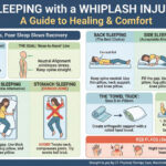 An educational infographic by CT Physical Therapy Care titled "Sleeping with a Whiplash Injury." The graphic illustrates the "Stagnant Pond" effect of inflammation at night and defines "Nose-to-Navel" alignment. It visually compares three sleeping positions: Back Sleeping (labeled "The Best Choice" with a cervical roll), Side Sleeping (labeled "Acceptable" with a pillow between knees), and Stomach Sleeping (marked with a red X as the "Danger Zone"). The bottom section illustrates the "Towel Trick" for creating DIY neck support, step-by-step diagrams for the "Log Roll" morning routine to avoid twisting, and a list of red flags like numbness and headaches.