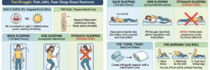 An educational infographic by CT Physical Therapy Care titled "Sleeping with a Whiplash Injury." The graphic illustrates the "Stagnant Pond" effect of inflammation at night and defines "Nose-to-Navel" alignment. It visually compares three sleeping positions: Back Sleeping (labeled "The Best Choice" with a cervical roll), Side Sleeping (labeled "Acceptable" with a pillow between knees), and Stomach Sleeping (marked with a red X as the "Danger Zone"). The bottom section illustrates the "Towel Trick" for creating DIY neck support, step-by-step diagrams for the "Log Roll" morning routine to avoid twisting, and a list of red flags like numbness and headaches.