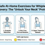 Infographic illustrating 5 safe at-home exercises for whiplash recovery: Chin Tuck, Scapular Retraction, Pain-Free Neck Rotation, Upper Trapezius Release, and a single-arm 90-degree Doorway Pec Stretch. Includes a Traffic Light pain guide for safety.
