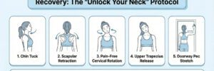 Infographic illustrating 5 safe at-home exercises for whiplash recovery: Chin Tuck, Scapular Retraction, Pain-Free Neck Rotation, Upper Trapezius Release, and a single-arm 90-degree Doorway Pec Stretch. Includes a Traffic Light pain guide for safety.